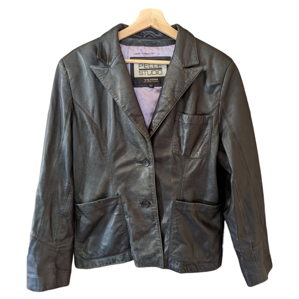 Vintage Wilsons 100% Leather Black Blazer Lined Button Closure Womens Size Large